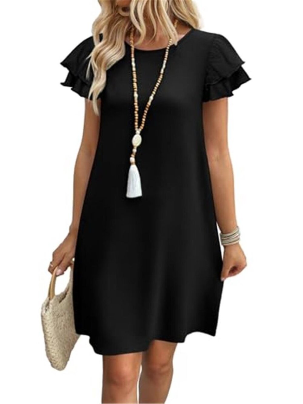 Womens Casual Summer Dress Ruffle Sleeve Crew Neck Swing Dress Pockets Flowy